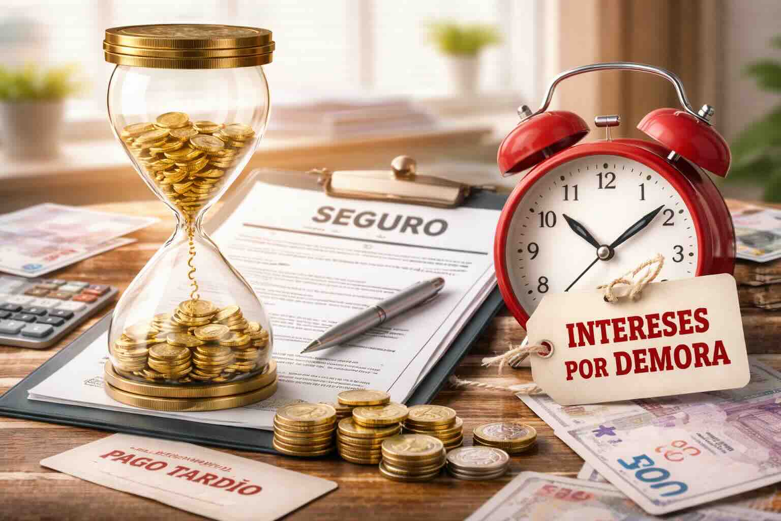 Reloj de arena con monedas, un despertador y un contrato de seguro que representan los intereses de demora por pago tardío de una aseguradora.