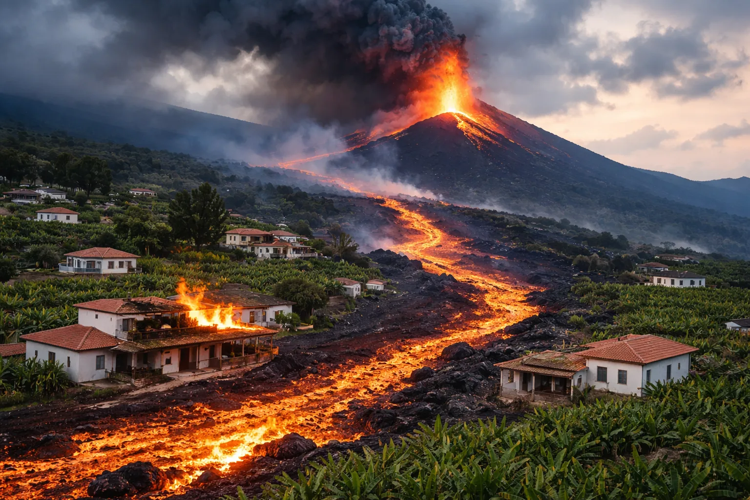 Erupción volcánica con lava avanzando hacia viviendas, ejemplo de desastre natural cubierto por el Consorcio de Compensación de Seguros.
