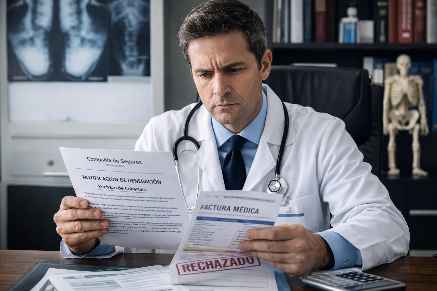 Doctor evaluando un rechazo médico