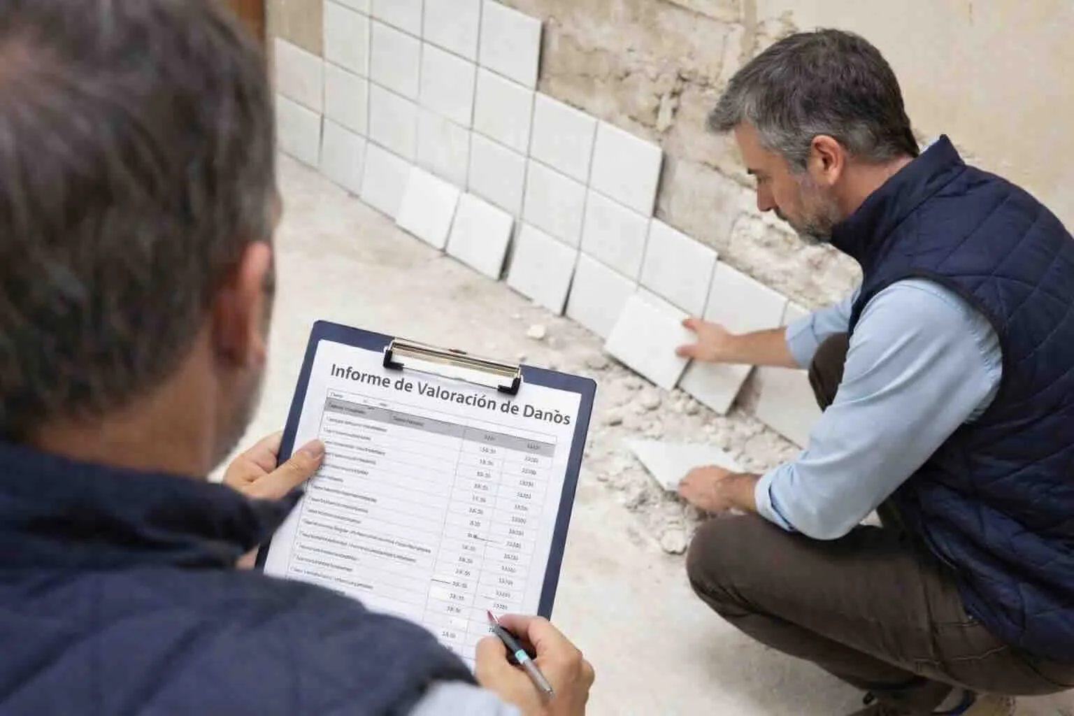 Peritos evaluando daños materiales en una vivienda para una reclamación al seguro