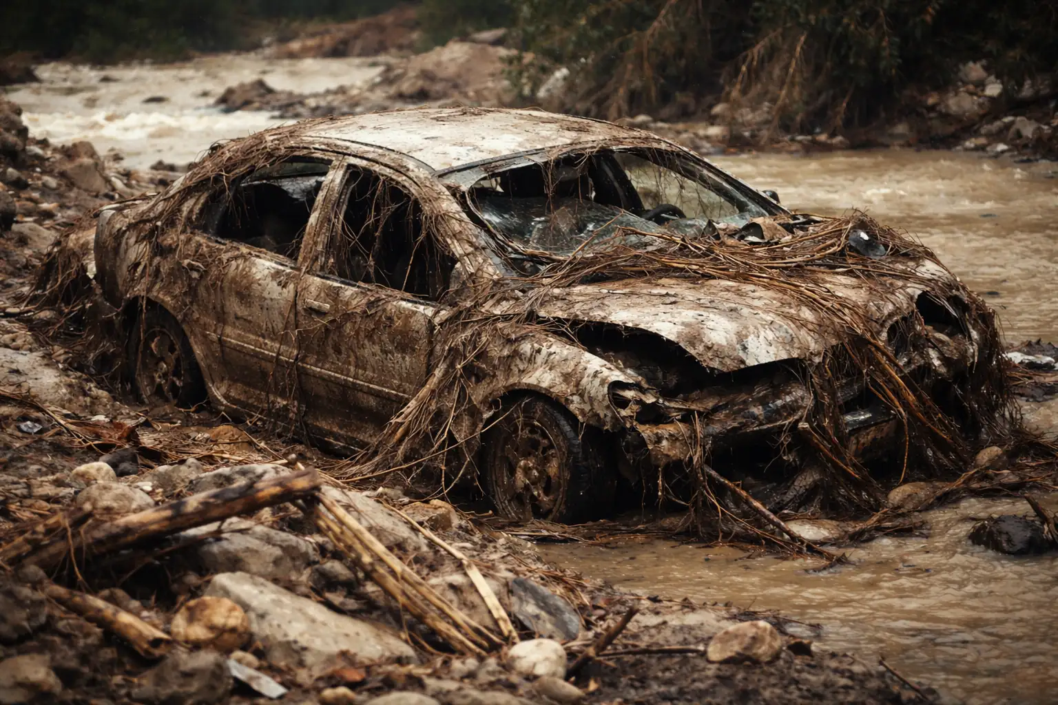 Coche destrozado después de riada dificil de reconocer